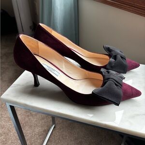 AUTHENTIC Prada Suede Burgundy Pumps w Black Bow SZ 40.5